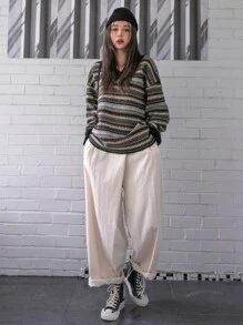 DAZY 鋸齒紋和條紋圖案落肩袖套頭毛衣 - 彩色 - 查看 4