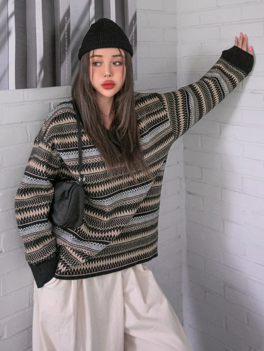 DAZY 鋸齒紋和條紋圖案落肩袖套頭毛衣 - 彩色 - 查看 1