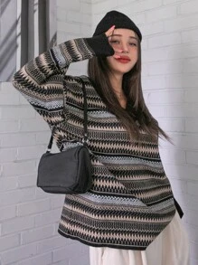 DAZY 鋸齒紋和條紋圖案落肩袖套頭毛衣 - 彩色 - 查看 6