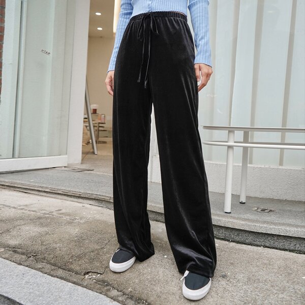 

Tie Front Slant Pockets Wide Leg Pants, Black