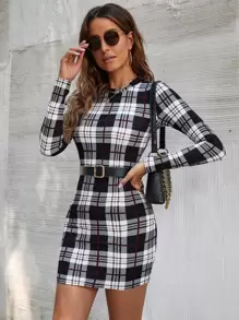 SHEIN Clasi Vestido Bodycon Cuadrado De Cuello Redondo Escocés Sin Cinturón - Blanco y Negro - Ver 1