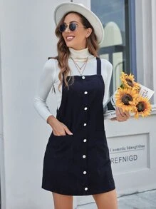 Pocket Patched Corduroy Pinafore Dress Without Tee - Black - View 1