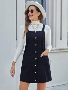 Pocket Patched Corduroy Pinafore Dress Without Tee - Black - View 3