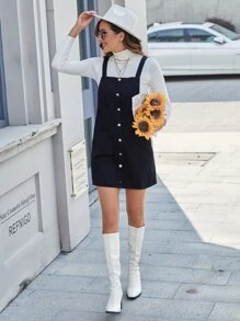 Pocket Patched Corduroy Pinafore Dress Without Tee - Black - View 4