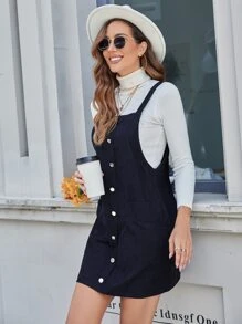 Pocket Patched Corduroy Pinafore Dress Without Tee - Black - View 5