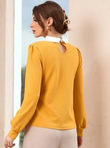 Contrast Collar Pearls Beaded Puff Sleeve Blouse - Mustard Yellow - View 2