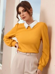 Contrast Collar Pearls Beaded Puff Sleeve Blouse - Mustard Yellow - View 3