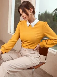 Contrast Collar Pearls Beaded Puff Sleeve Blouse - Mustard Yellow - View 4