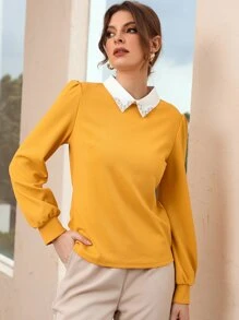 Contrast Collar Pearls Beaded Puff Sleeve Blouse - Mustard Yellow - View 5
