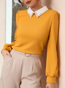 Contrast Collar Pearls Beaded Puff Sleeve Blouse - Mustard Yellow - View 6