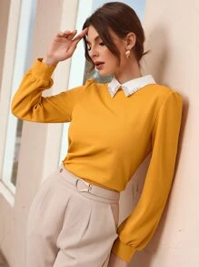 Contrast Collar Pearls Beaded Puff Sleeve Blouse - Mustard Yellow - View 7
