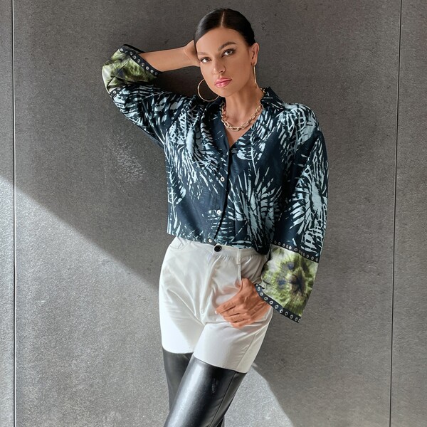 

Colorblock Button Front Longline Blouse, Multicolor