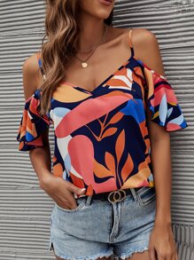 SHEIN VCAY Plant Print Cold Shoulder Blouse - Multicolor - View 1