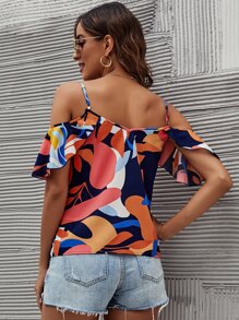 SHEIN VCAY Plant Print Cold Shoulder Blouse - Multicolor - View 2