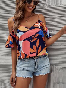 SHEIN VCAY Plant Print Cold Shoulder Blouse - Multicolor - View 3