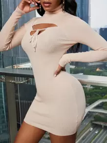 Turtleneck Cut Out Knotted Front Bodycon Jumper Dress - Apricot - View 1