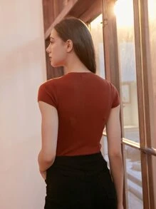 MOTF PREMIUM WOOL MIX SLIM RIBBED KNIT TOP - Rust Brown - View 3