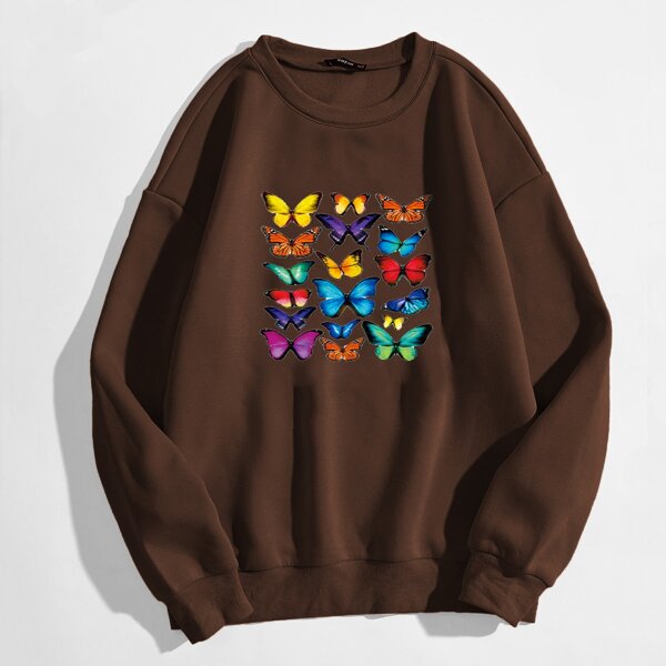 

Butterfly Print Thermal Lined Pullover, Coffee brown