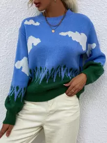 雲朵圖案圓領套頭毛衣 - 藍色 - 查看 1