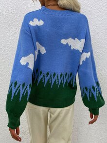 雲朵圖案圓領套頭毛衣 - 藍色 - 查看 2