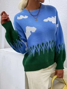 雲朵圖案圓領套頭毛衣 - 藍色 - 查看 3