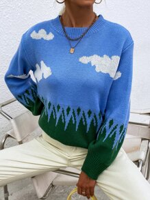 雲朵圖案圓領套頭毛衣 - 藍色 - 查看 4