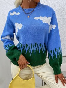 雲朵圖案圓領套頭毛衣 - 藍色 - 查看 5