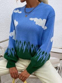 雲朵圖案圓領套頭毛衣 - 藍色 - 查看 6