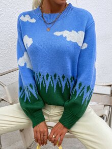 雲朵圖案圓領套頭毛衣 - 藍色 - 查看 7