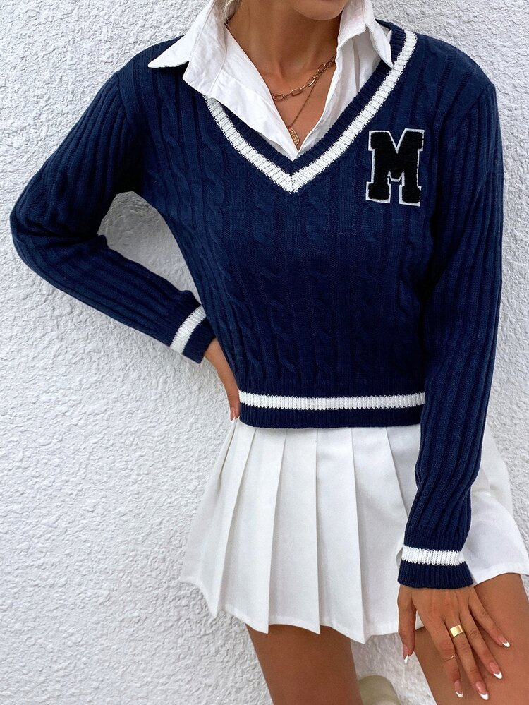 SHEIN EZwear Jersey cricket tejido de cable de rayas ribete - Azul Marino - Añade 3