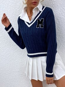 SHEIN EZwear Jersey cricket tejido de cable de rayas ribete - Azul Marino - Ver 6