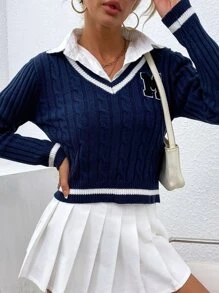 SHEIN EZwear Jersey cricket tejido de cable de rayas ribete - Azul Marino - Ver 7