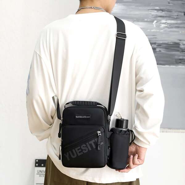 

2pcs Men Letter Patch Zip Front Square Bag Set, Black