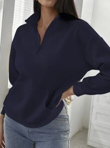 INAWLY Half Zipper Placket Drop Shoulder Sweatshirt,Long Sleeve Tops Graduation,Back To School Outfits,Graduation,Teacher Outfits For Women,Back To School Pullover Fall Outfit - Navy Blue - View 1