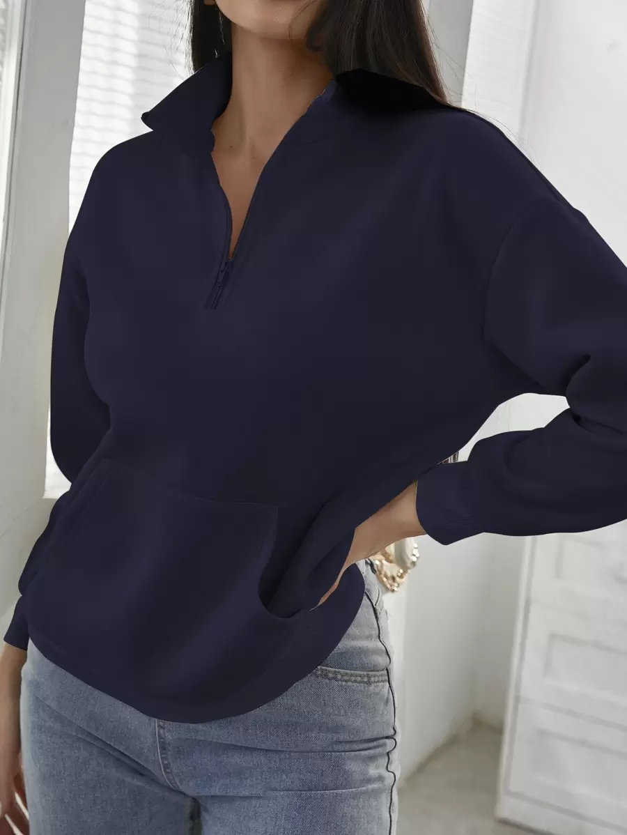 INAWLY Half Zipper Placket Drop Shoulder Sweatshirt,Long Sleeve Tops Graduation,Back To School Outfits,Graduation,Teacher Outfits For Women,Back To School Pullover Fall Outfit - Navy Blue - View 1