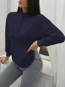 INAWLY Half Zipper Placket Drop Shoulder Sweatshirt,Long Sleeve Tops Graduation,Back To School Outfits,Graduation,Teacher Outfits For Women,Back To School Pullover Fall Outfit - Navy Blue - View 4