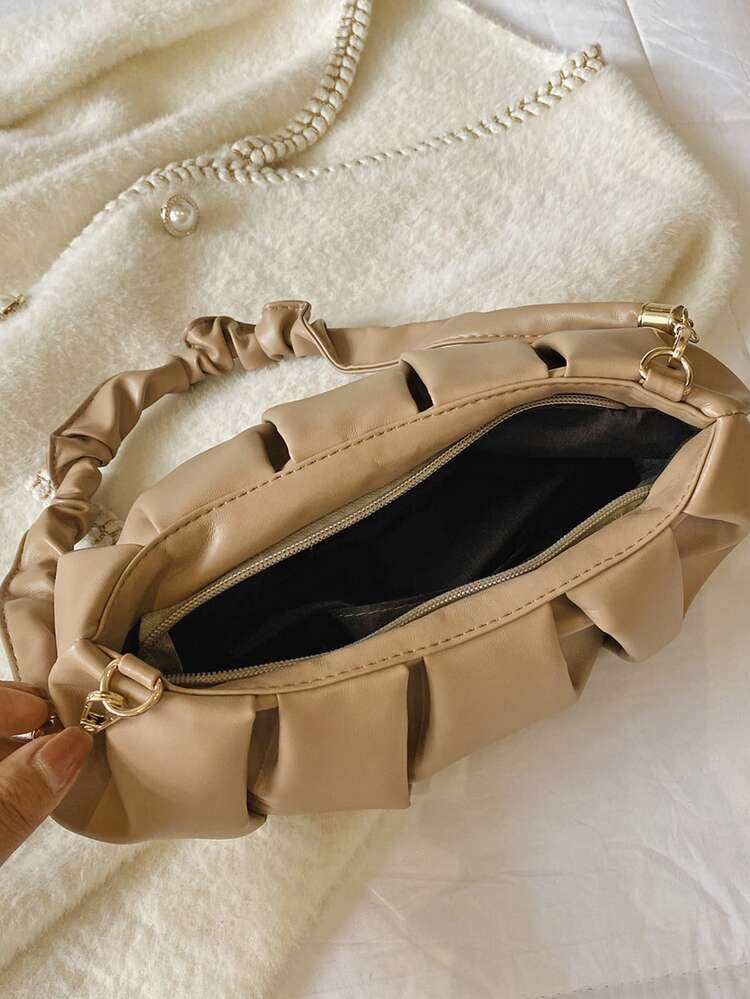 Bolso De Hombro De Color Sólido Con Volantes, Moderno Y Versátil - Caqui - Añade 2