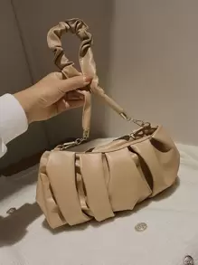 Bolso De Hombro De Color Sólido Con Volantes, Moderno Y Versátil - Caqui - Ver 3