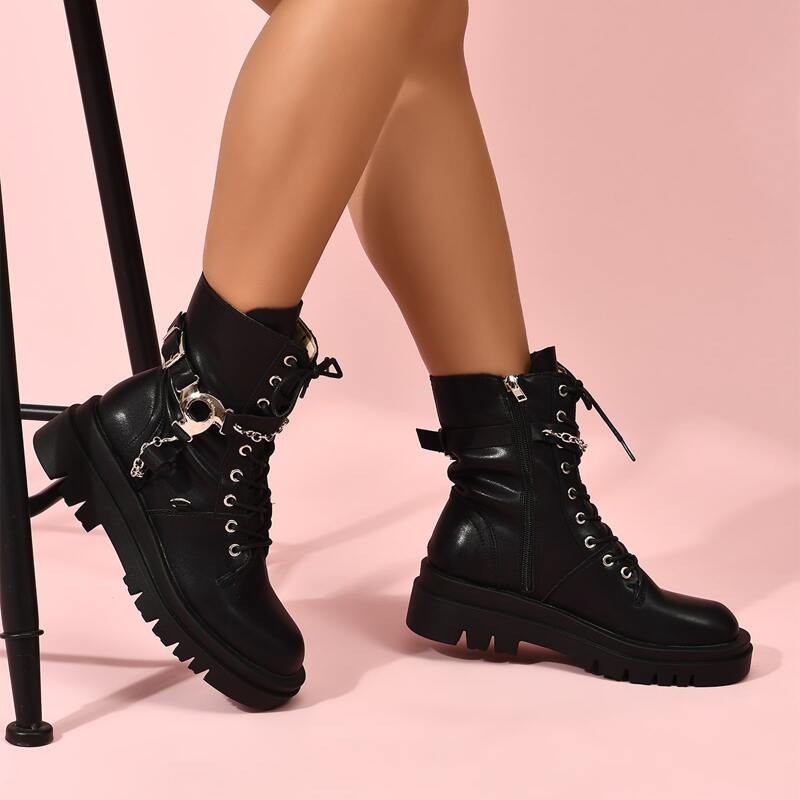 

Metal Decor Lace Up Design Side Zipper Combat Boots, Black