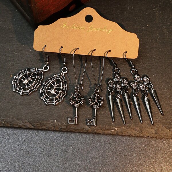 

3pairs Skull Decor Drop Earrings, Gun black