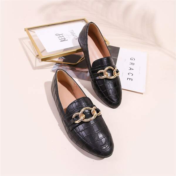 

Textured Metal Decor Flat Loafers, Black