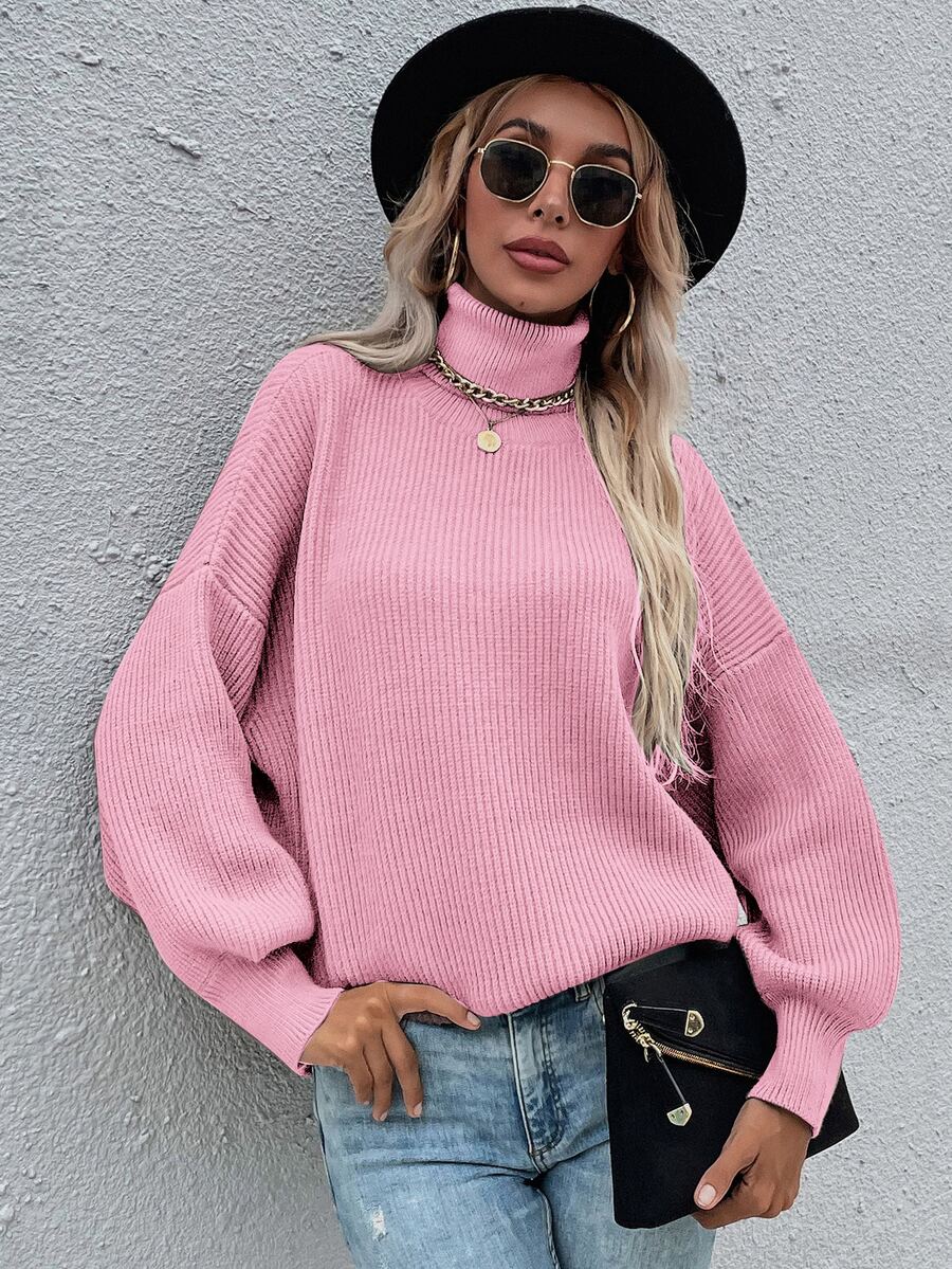 Jersey cuello alto tejido de canalé de hombros caídos - Rosa - Ver 1