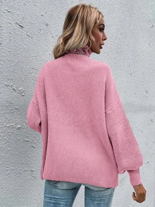 Jersey cuello alto tejido de canalé de hombros caídos - Rosa - Ver 2