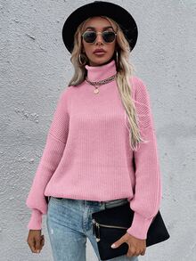 Jersey cuello alto tejido de canalé de hombros caídos - Rosa - Ver 3