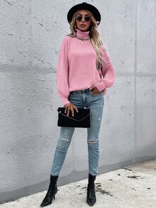 Jersey cuello alto tejido de canalé de hombros caídos - Rosa - Ver 4