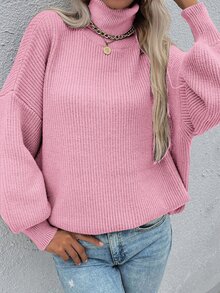 Jersey cuello alto tejido de canalé de hombros caídos - Rosa - Ver 6