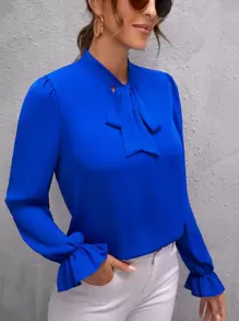 SHEIN Clasi 素色前繫帶襯衫 - 寶藍色 - 查看 1