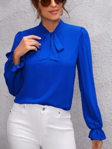 SHEIN Clasi 素色前繫帶襯衫 - 寶藍色 - 查看 3