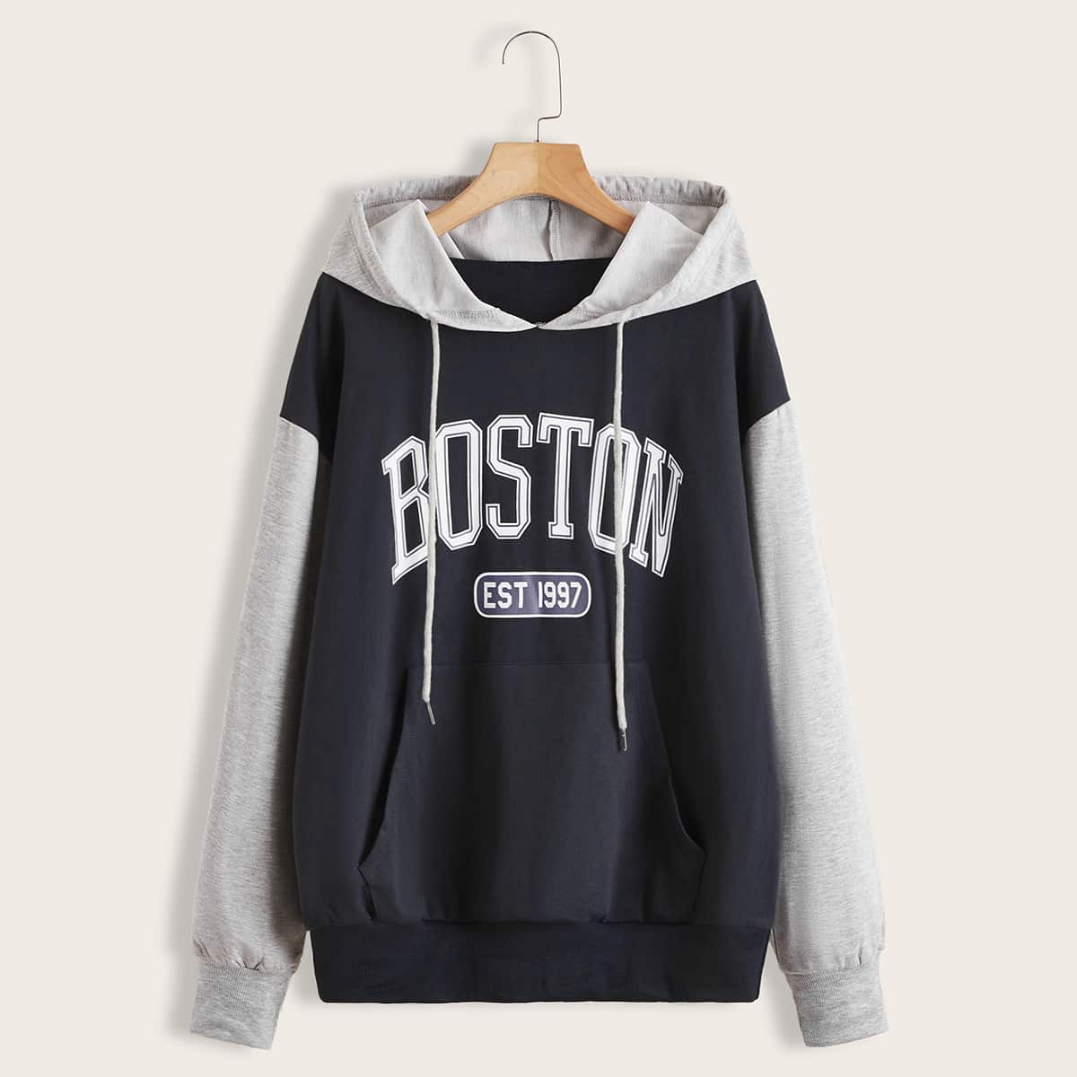 

Letter Colorblock Drawstring Pocket Hoodie, Navy blue