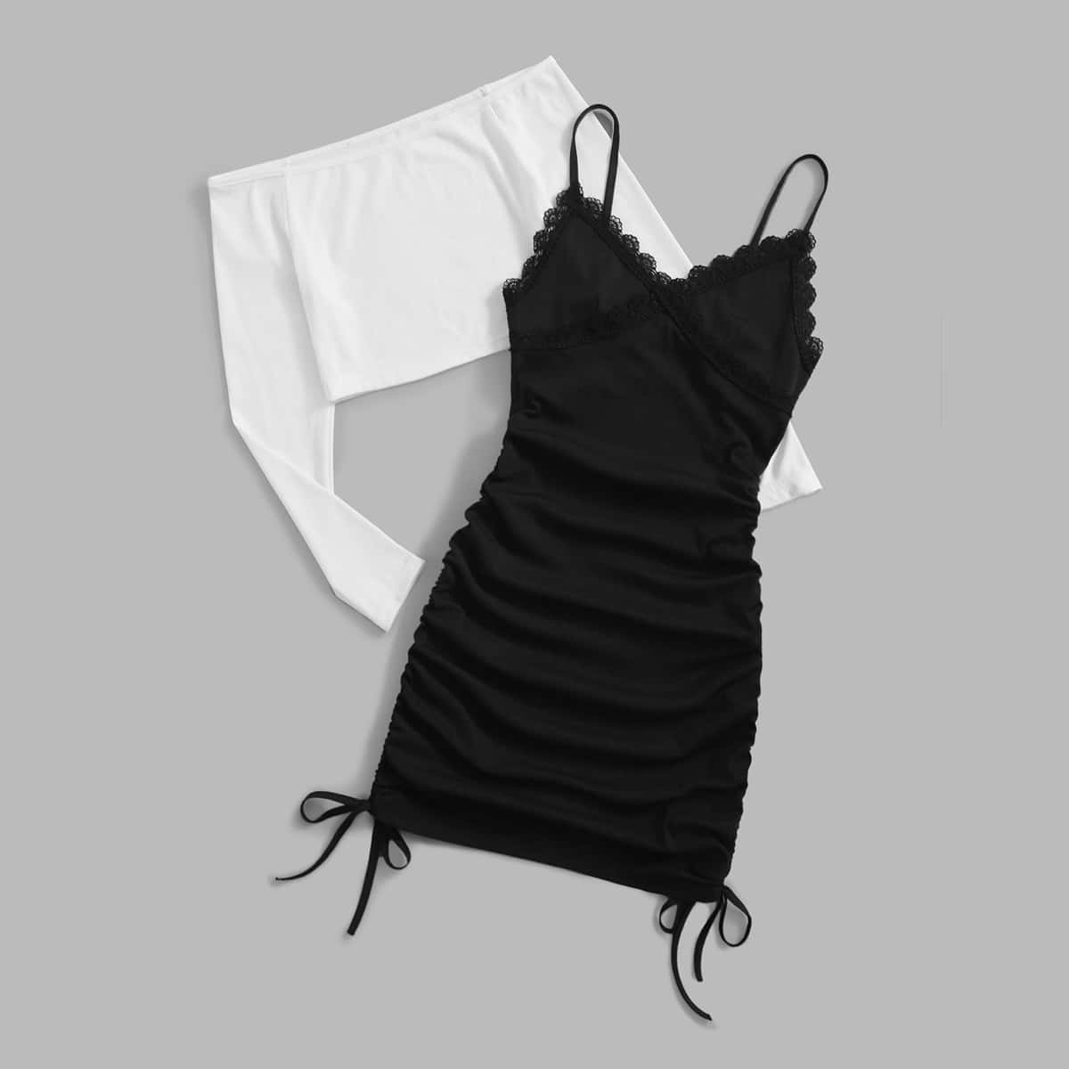 

Solid Off The Shoulder Tee & Ruched Cami Dress, Black and white